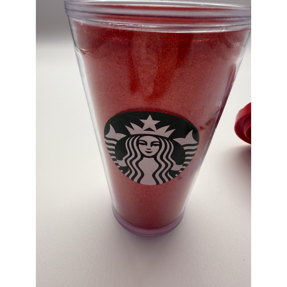 Starbucks Red Glitter Christmas Tumbler BPA free Green Stripe Straw 16 oz - Picture 5 of 11